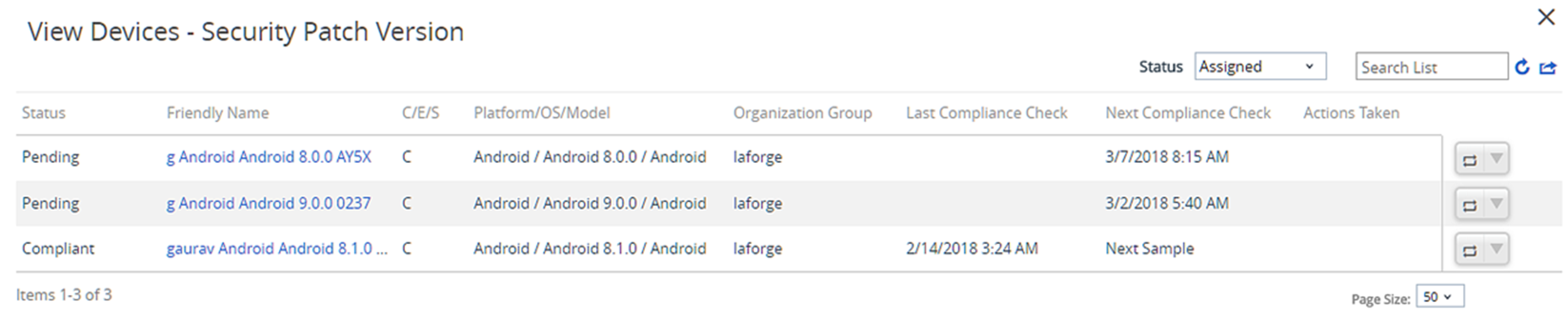 This screenshot shows the View Devices page featuring three devices with a security patch in various stages of compliance. This screenshot shows the View Devices page featuring three devices with a security patch in various stages of compliance.