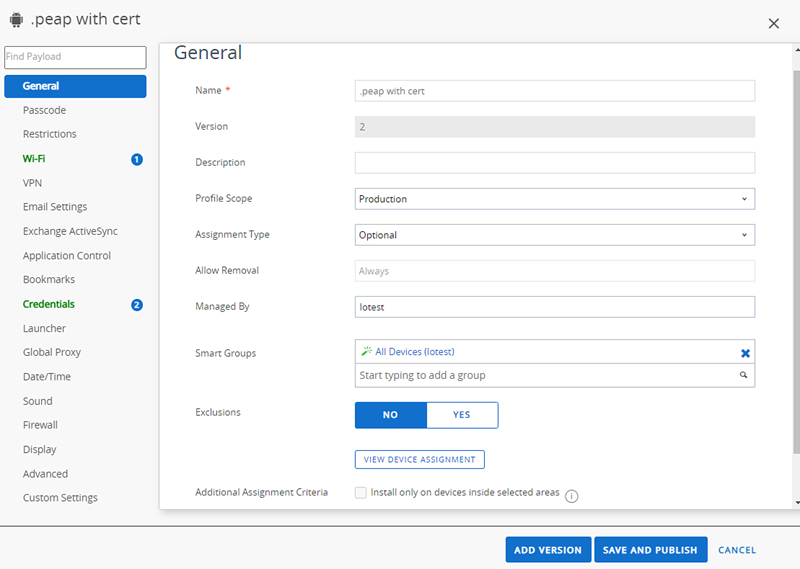 This screenshot shows the edit screen for the general payloads.