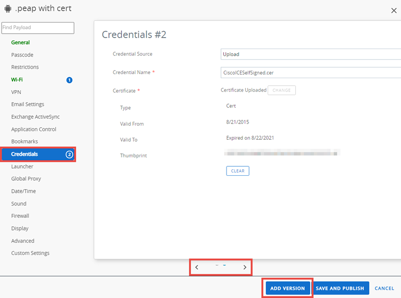 This screenshot shows the Credentials payload editing screen with the Add Version button and change version buttons highlighted.