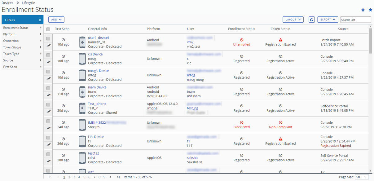 This screen shot is the device list view by Enrollment Status. Here, you can filter the view by token status and other useful filters. You can also select devices and resend enrollment messages in bulk. This screen shot is the device list view by Enrollment Status. Here, you can filter the view by token status and other useful filters. You can also select devices and resend enrollment messages in bulk.
