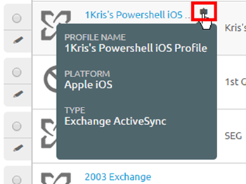 This screenshot is from the Profile Details page and it shows what a hover-over pop-up contains: profile name, platform, and type. This screenshot is from the Profile Details page and it shows what a hover-over pop-up contains: profile name, platform, and type.