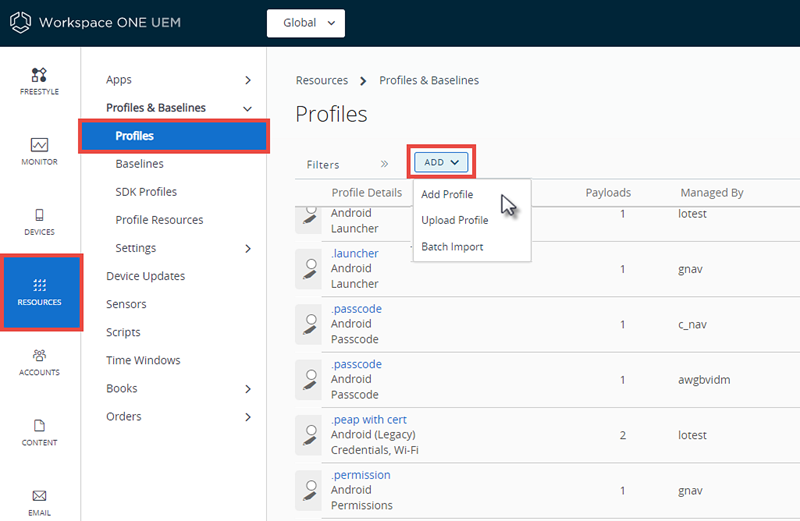 This screenshot shows the Profiles screen with the Add button selected and highlighted. This screenshot shows the Profiles screen with the Add button selected and highlighted.