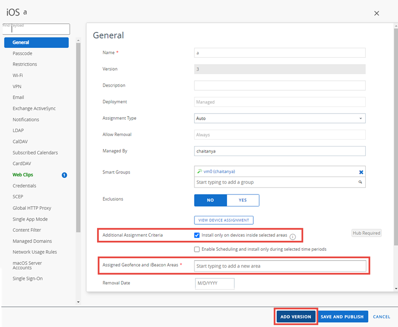 This screenshot shows the Profiles Edit screen, which enables you to assign a geofence to an existing device profile. This screenshot shows the Profiles Edit screen, which enables you to assign a geofence to an existing device profile.