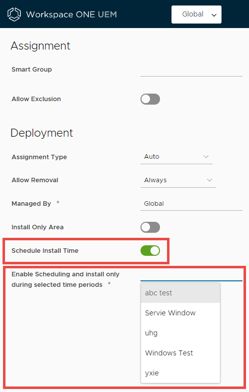 This screenshot shows the Deployment section of the new UI version of the Profile creation screen, available for Android. The Deployment section is where you select and apply the time schedule you created earlier.