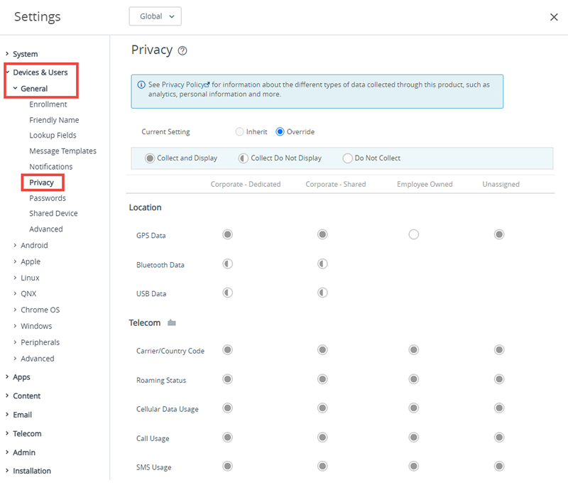 This screenshot shows the Privacy system setting in Devices & Users, General, which lets you configure privacy settings. This screenshot shows the Privacy system setting in Devices & Users, General, which lets you configure privacy settings.