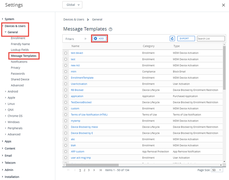 This screenshot shows the message template system setting in Devices & Users, General, which enables you to create a privacy notice for BYOD users. This screenshot shows the message template system setting in Devices & Users, General, which enables you to create a privacy notice for BYOD users.