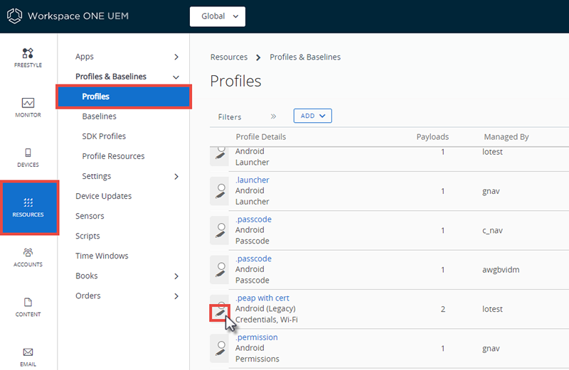 This screenshot shows the Devices, Profiles screen list view which enables you to edit the general payload of your device profiles.