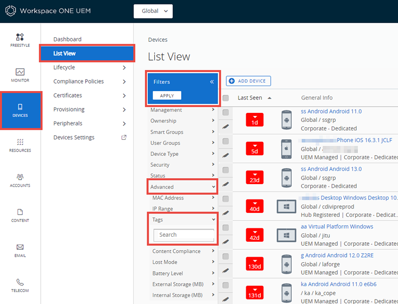 This screenshot shows the Device List View with the filter panel open and the Tags search bar (under Advanced) enabling you to show only devices that have the tag you are looking for. This screenshot shows the Device List View with the filter panel open and the Tags search bar (under Advanced) enabling you to show only devices that have the tag you are looking for.