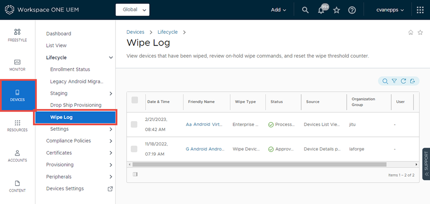 This screenshot shows the Wipe Logs in Devices, Lifecycle, which lets you review all past wipe activity.
