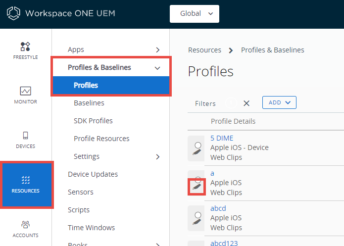 This screenshot shows the Profiles list view in the Resources, Profiles & Baselines, where you go to select an existing device profile to assign a geofence.