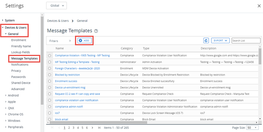 This screenshot shows the Message Template System Settings, which you can use to make platform-specific messages during enrollment and other events.
