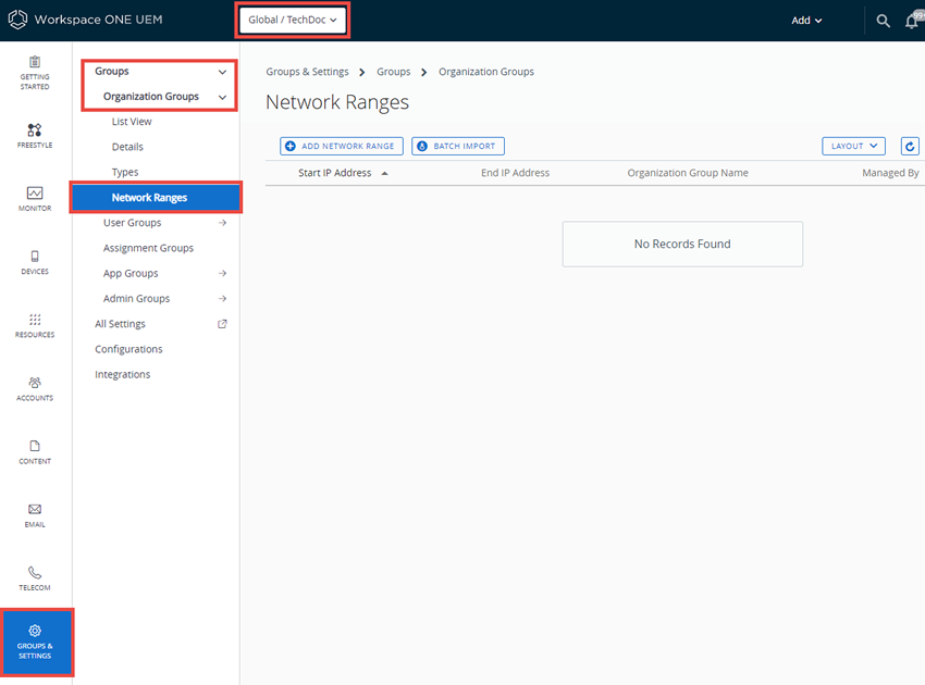 This screenshot shows the Network Ranges screen, which is only visible after you enable device assignments.