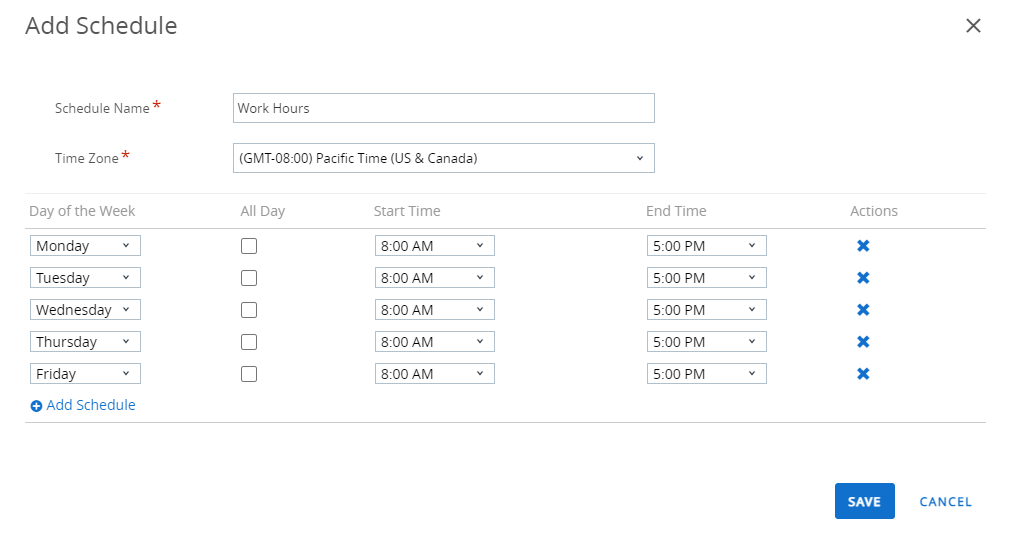 This screenshot shows the Add Schedule screen which lets you make a schedule to install and apply profiles.