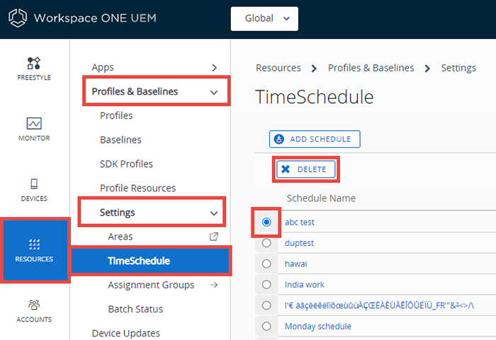 This screenshot shows the radio button selector to the left of the time schedule name that appears in the listing.
