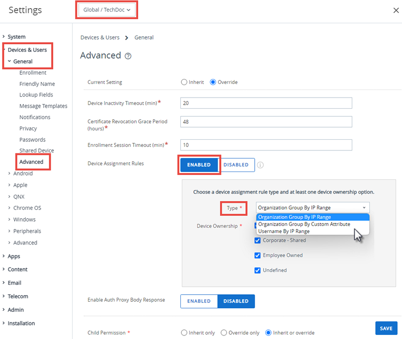This screenshot shows the Devices & Users, General Advanced system settings, which you can use to enable device assignments.