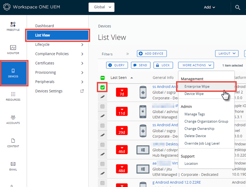 This screenshot shows the Device List View with a device selected and More Actions button selected, revealing the Enterprise Wipe option. This screenshot shows the Device List View with a device selected and More Actions button selected, revealing the Enterprise Wipe option.