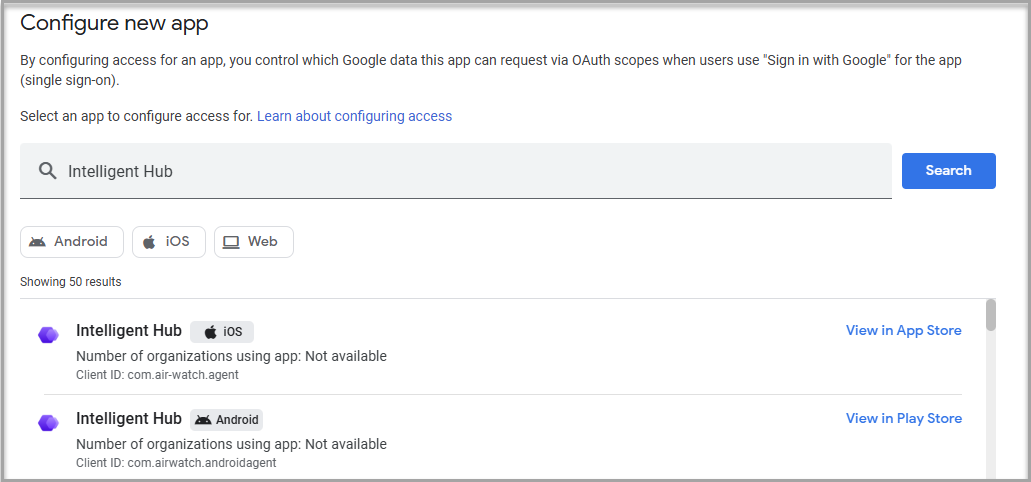 Google Admin Console page for adding Intelligent Hub as a trusted application