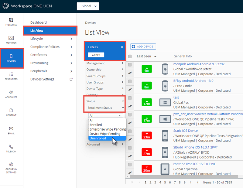 This screenshot shows the Device List View with the unenrolled status filter highlighted, which is the first step to accessing troublshooting logs made before devices were unenrolled.