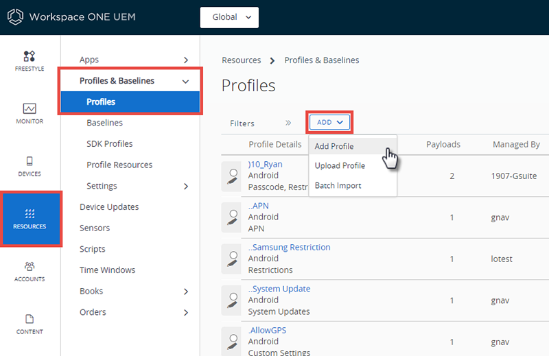 This screenshot shows the Profiles list view in Devices, Profiles & Baselines, which enables you to not only make Device Profiles but use them as Compliance Profiles. This screenshot shows the Profiles list view in Devices, Profiles & Baselines, which enables you to not only make Device Profiles but use them as Compliance Profiles.