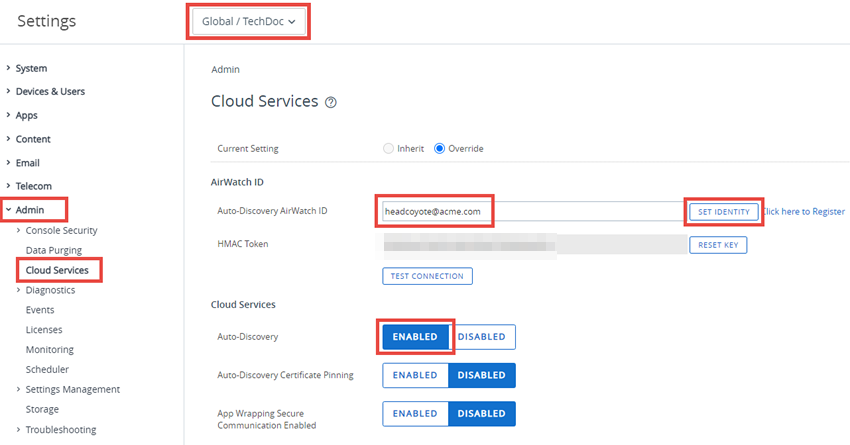 This screenshot shows the Admin Cloud Services System Settings, which is where you go to configure autodiscovery enrollment.