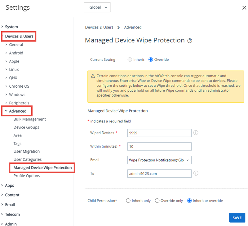 This screenshot shows the Manages Device Wipe Protection, which lets you configure wipe protection.