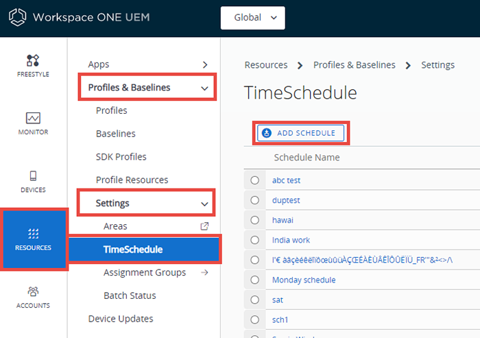 This screenshot shows the Time Schedule list view in Resources, Profiles & Baselines settings.