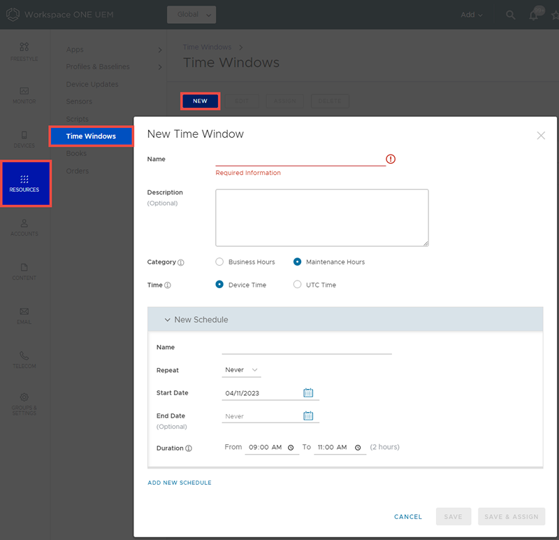 This screenshot shows the Time Window screen, accessed by Resources.