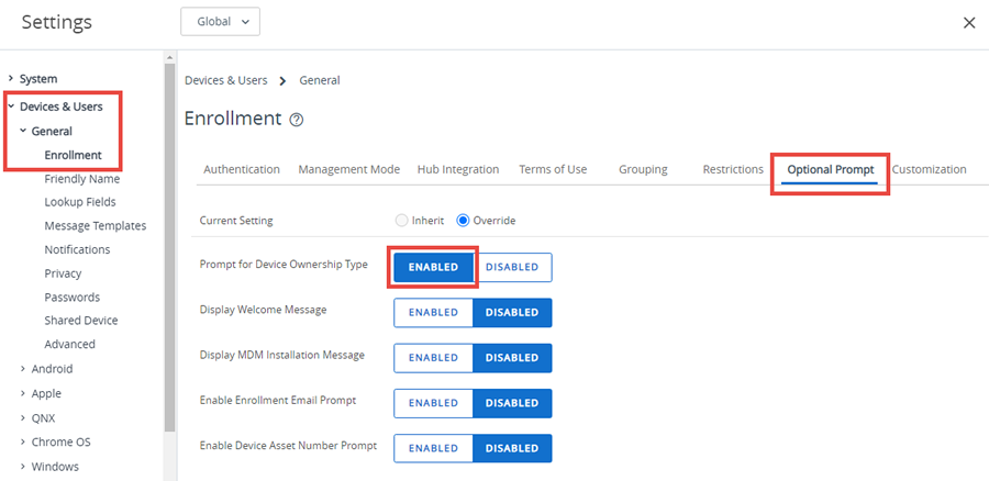 This screenshot shows the Optional Prompt tab of the Devices & Users General Enrollment System Settings.