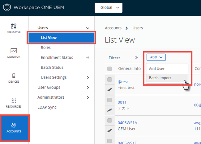 This screenshot shows the User List View in Accounts, which gives you access to batch import templates.
