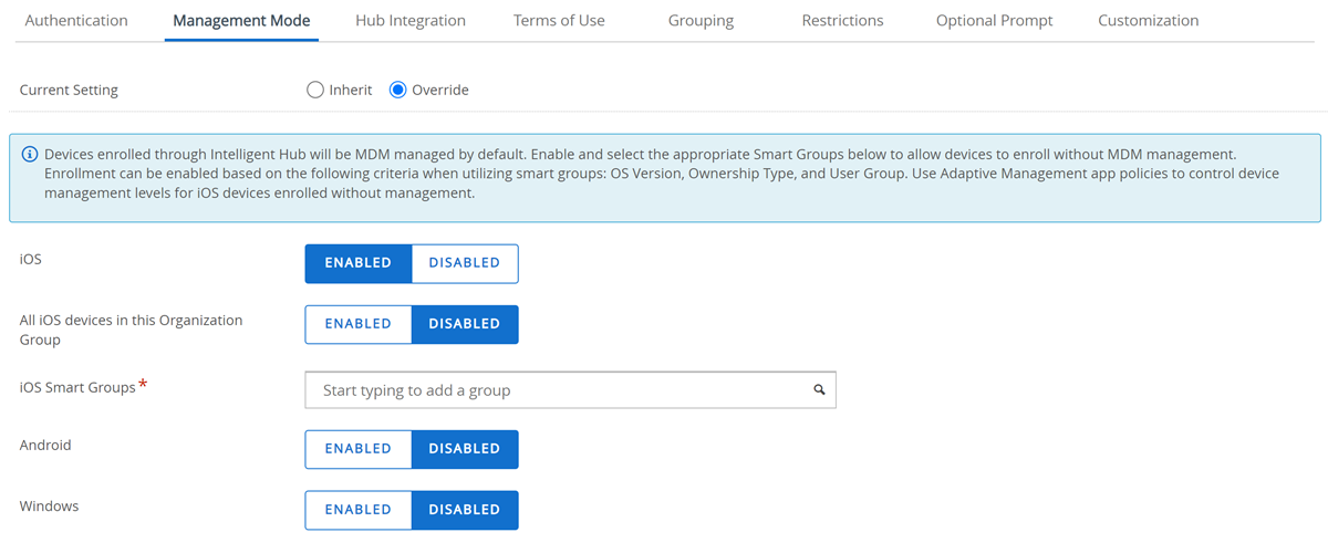 this partial screenshot shows the Management Mode tab for Enrollment settings this partial screenshot shows the Management Mode tab for Enrollment settings