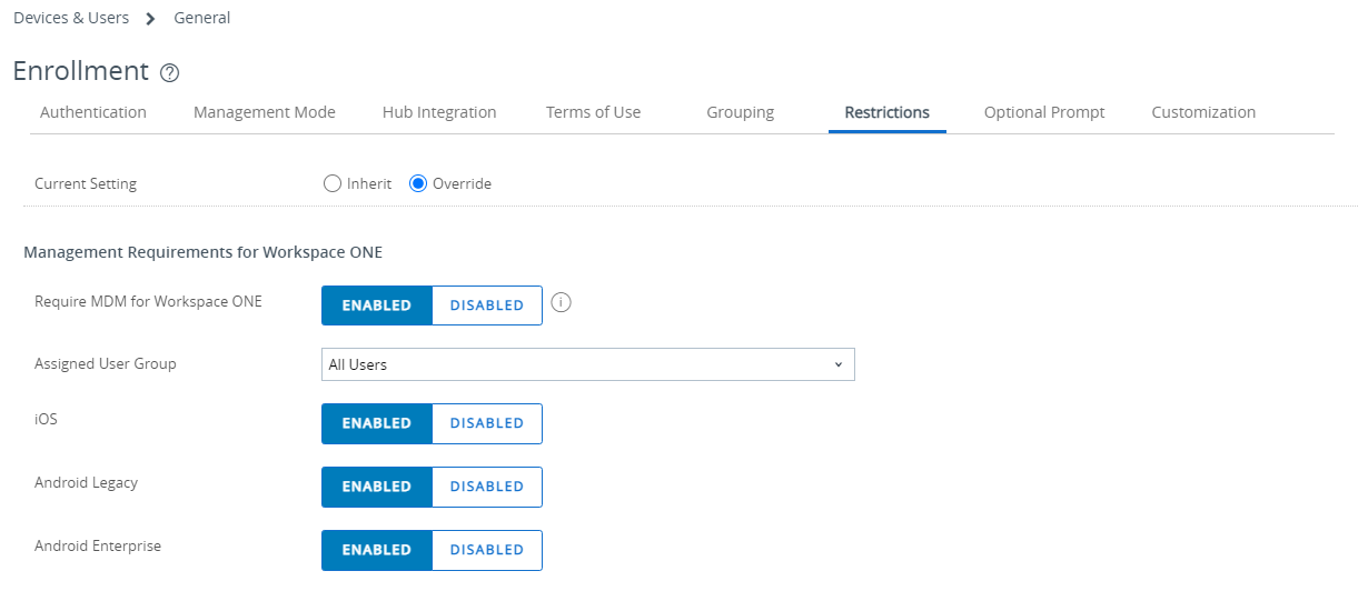 this partial screenshot shows the Restrictions tab for Enrollment settings this partial screenshot shows the Restrictions tab for Enrollment settings