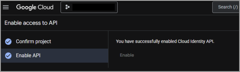 Google Cloud Console confirmation that Cloud Identity API has been successfully enabled