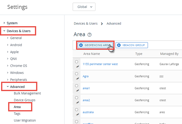 This screenshot shows the Devices & Users, Advanced, Area System Setting page, which is where you go to define a geofence.