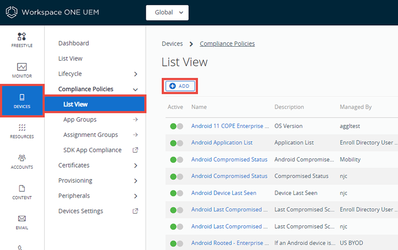 This screenshot shows the Devices, Compliance Policy List View with the Add button highlighted, which is how you add a new compliance policy.