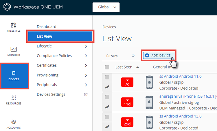 This screenshot shows the Device List View, which lets you add a device to your fleet. This screenshot shows the Device List View, which lets you add a device to your fleet.
