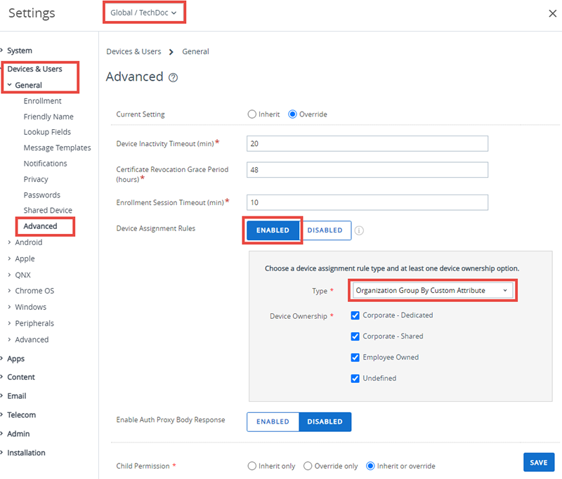 This screenshot shows the Devices & Users, General Advanced System Settings, which is how you can assign OGs with custom attributes.