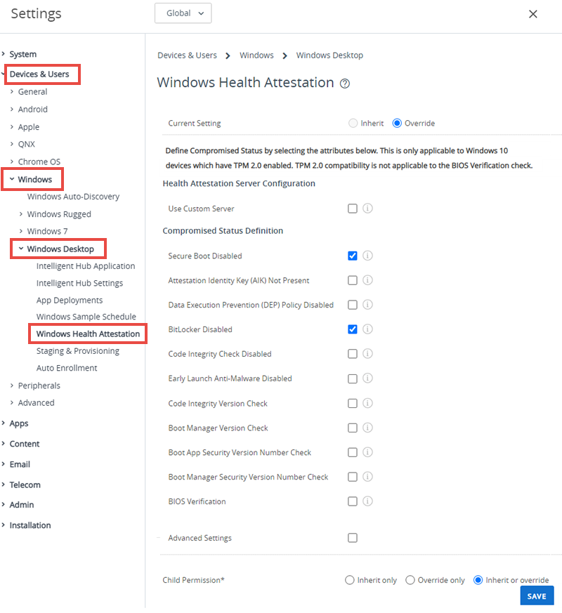This screenshot shows the Windows Desktop Health Attestation System Setting screen.