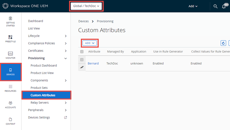This screenshot shows the Devices, Provisioning Custom Attribute screen, which enables you to make your own custom attributes.
