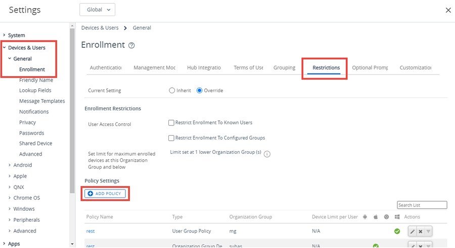 This screenshot shows the Restrictions tab in the Devices & Users General Enrollment System Setting. This screenshot shows the Restrictions tab in the Devices & Users General Enrollment System Setting.