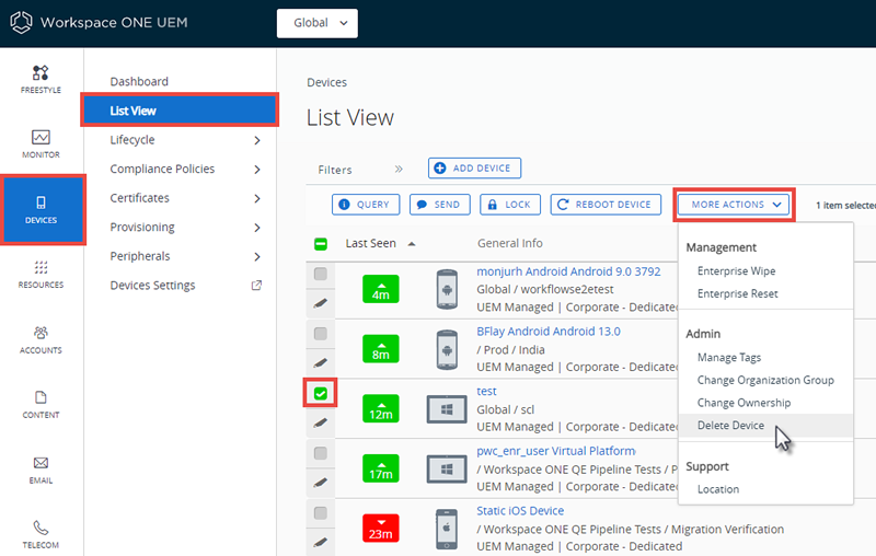 This screenshot shows the Device List View with a single device selected and the More Actions button revealing the Delete Device selection. This screenshot shows the Device List View with a single device selected and the More Actions button revealing the Delete Device selection.