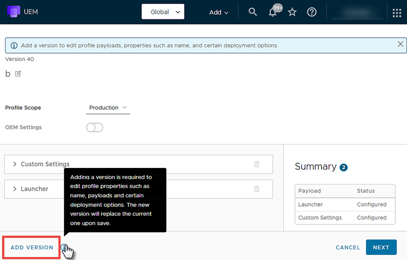 This screenshot shows the device profile editing screen with the Add Version button highlighted.