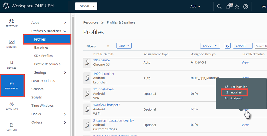 this screenshot shows the Profiles list view with the Installed Status popup, giving you access to devices that have the profile installed.