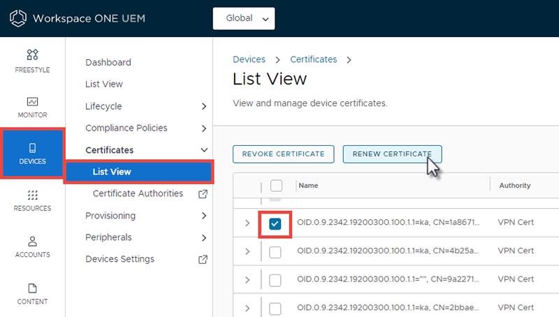 This screenshot shows the Certificates List View, which enables you to revoke and renew device certificates. This screenshot shows the Certificates List View, which enables you to revoke and renew device certificates.