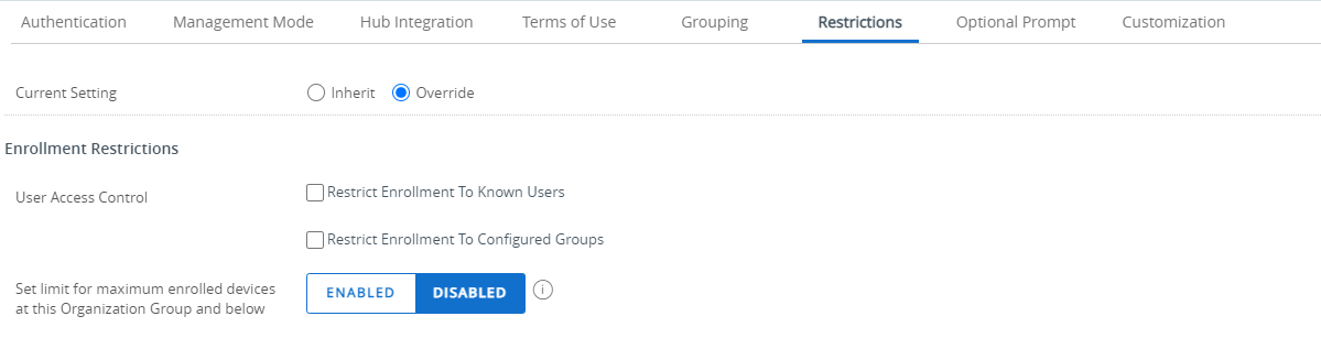 this partial screenshot shows the Restrictions tab for Enrollment settings this partial screenshot shows the Restrictions tab for Enrollment settings