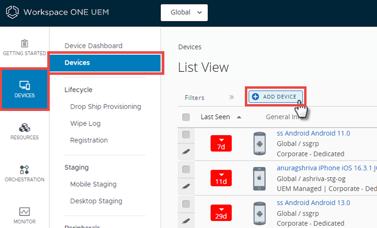 This screenshot shows the Device List View, which lets you add a device to your fleet.