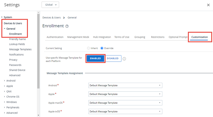 This screenshot shows the Customization tab of the Devices & Users General Enrollment System Settings, which you can use to assign custom message template per platform.