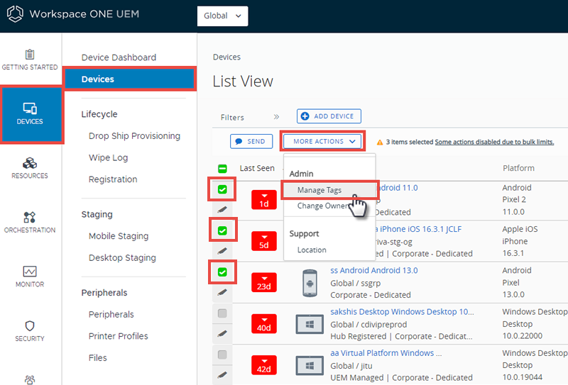 This screenshot shows the Device List View with three devices selected and with the More Actions drop down visible and the Manage Tags item selected.