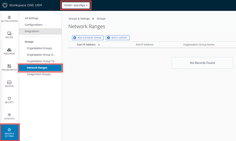 This screenshot shows the Network Ranges screen, which is only visible after you enable device assignments.