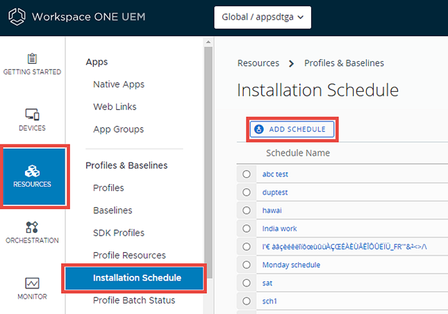 This screenshot shows the Installation Schedule list view in Resources, Profiles & Baselines.