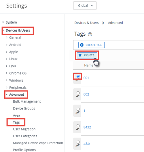 This screenshot shows the Tags System Setting in Devices & Users, Advanced, which lets you delete unassigned device tags provided you have to correct permissions.